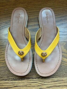 Coach Yellow Leather Thong Sandals with Gold Logo